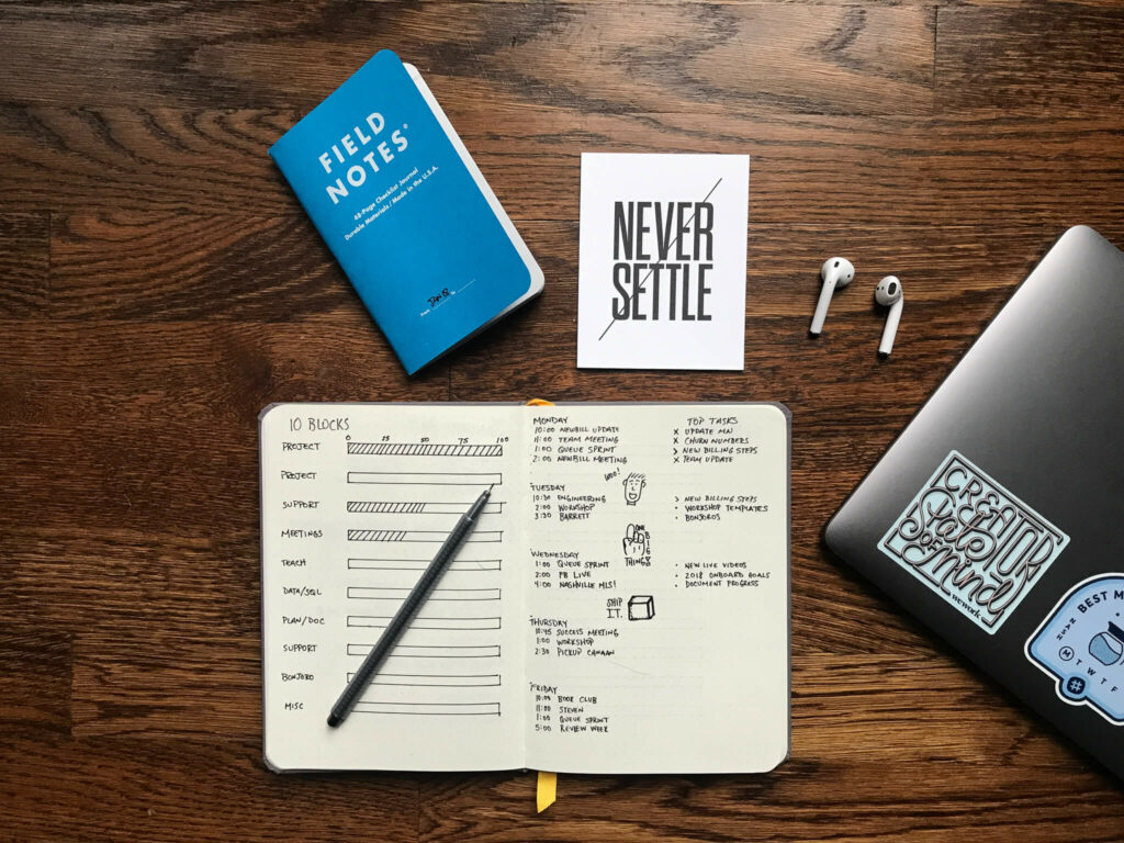 bullet journal, planning desk