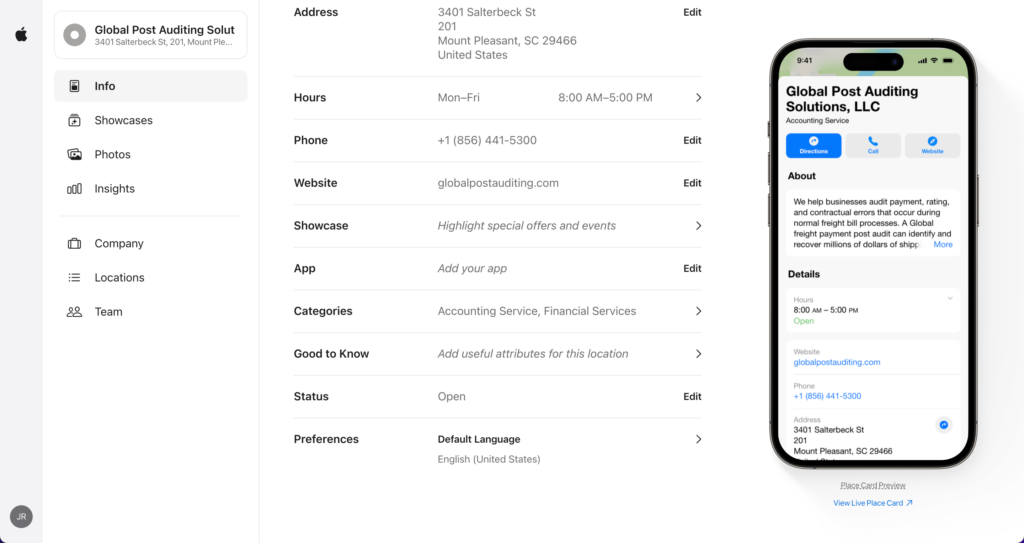 Image of business details inside of Apple Business Connect