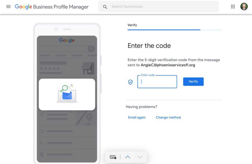 Google Business verification code entry