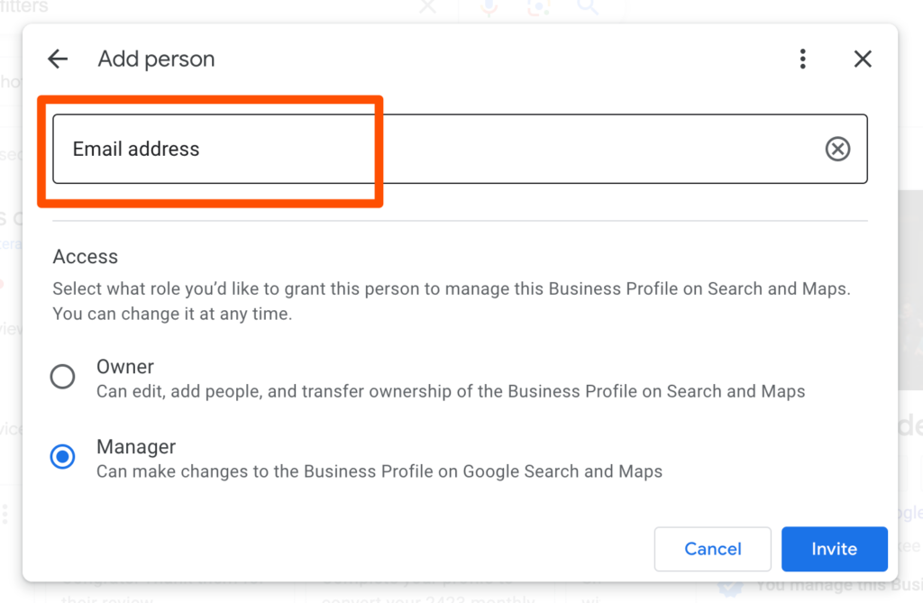 Invite a new manager to Google My Business by email