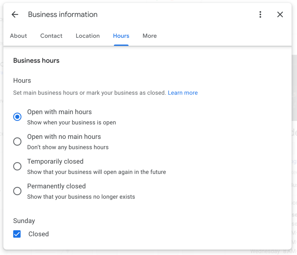 hours of operation, google business options
