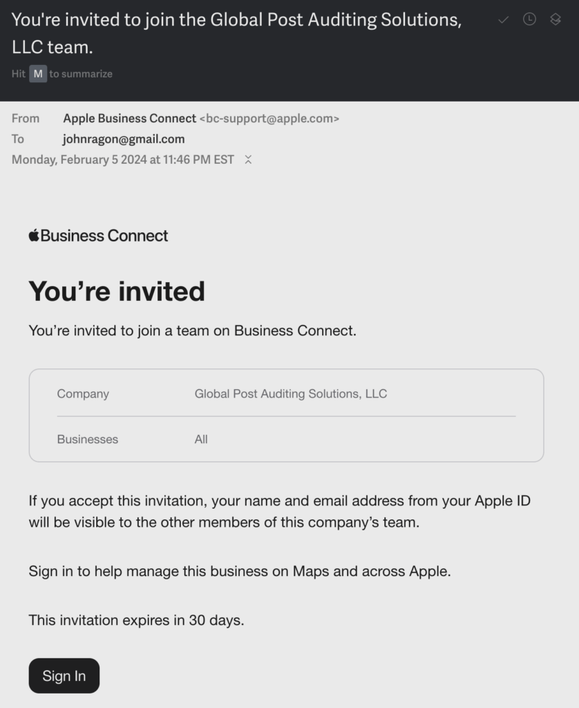Email from Apple Business Connect