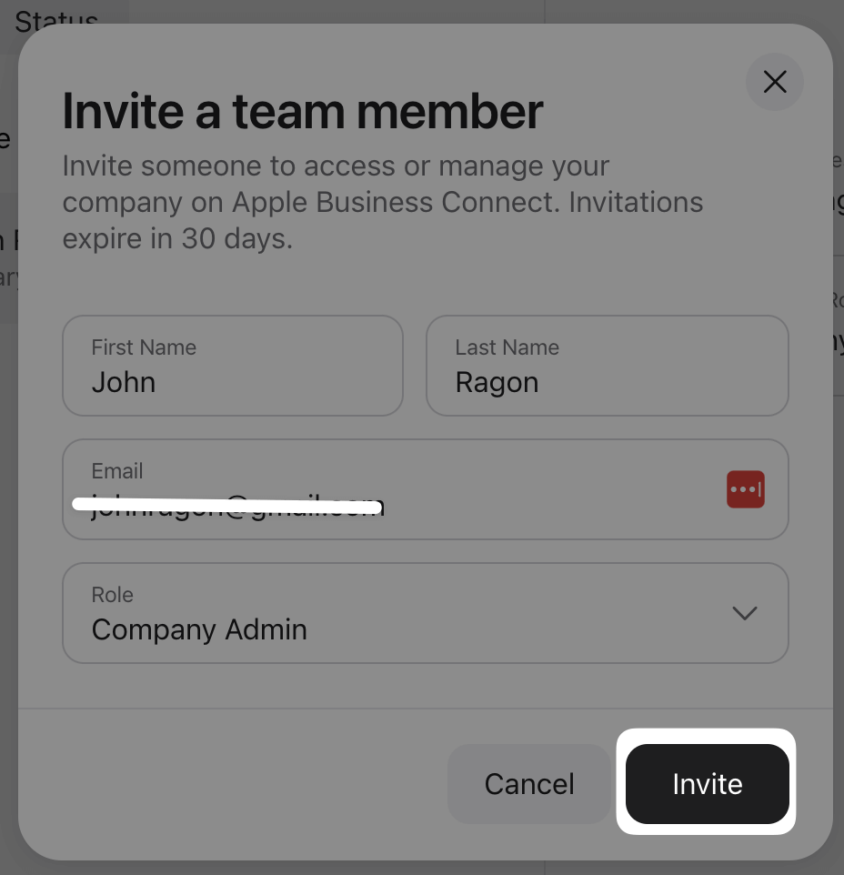 Invite new manager to Apple Business Connect, button