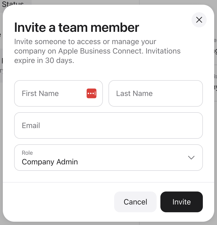 Invite a team member to Apple Business Connect, form image