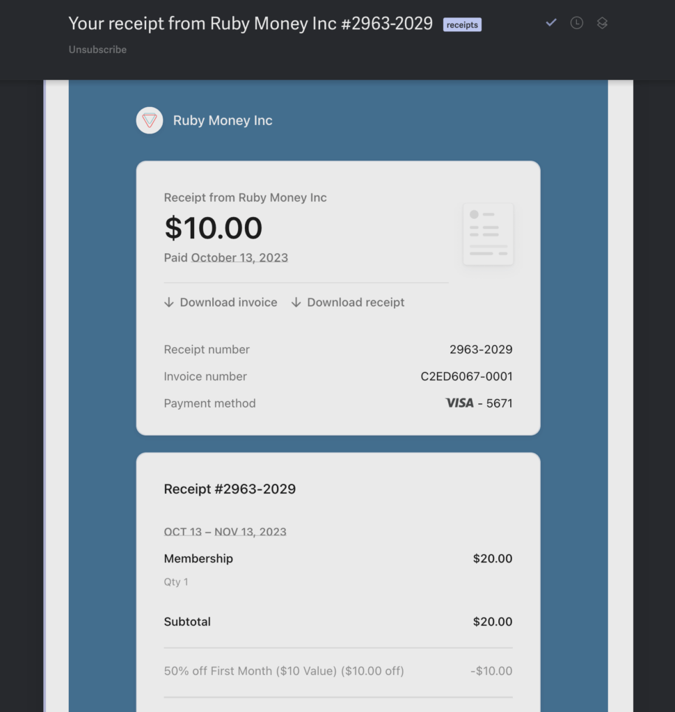 Ruby Money review, first receipt